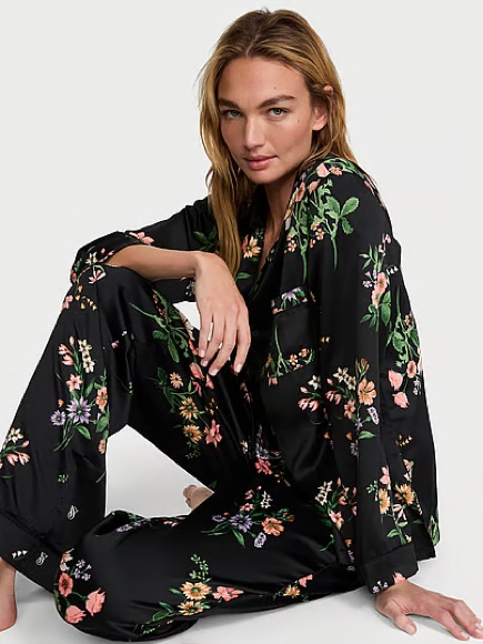 Victoria's Secret | Signature Satin Long Pajama Set - Black Botanicals